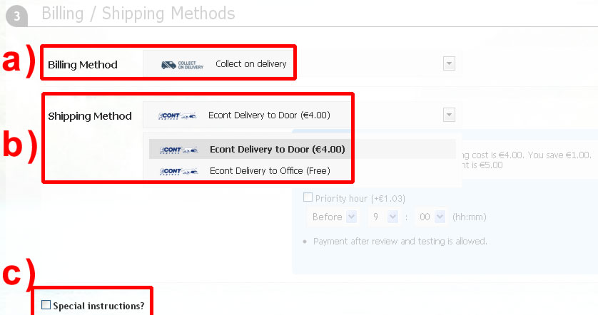 Choosing billing and shipping method in online shop AkvaSport.com
