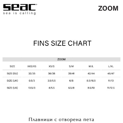 Плавници Seac Sub ZOOM | Таблица с размери