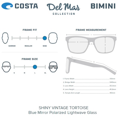 Costa Bimini Sunglasses | Shiny Vintage Tortoise | Blue Mirror 580G | BIM 241 OBMGLP | Size