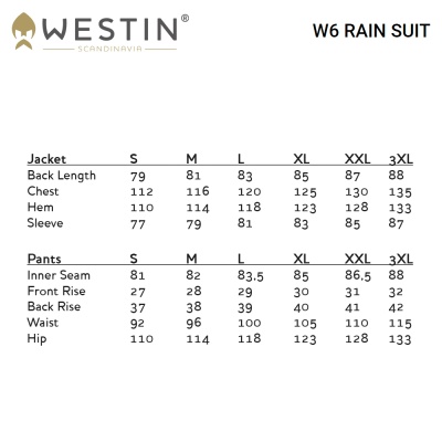 Westin W6 Rain Suit | A78-554 | Size Chart