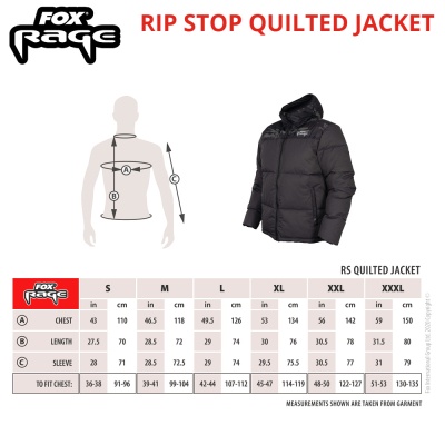 Fox Rage Rip Stop Quilted Jacket | Size Chart