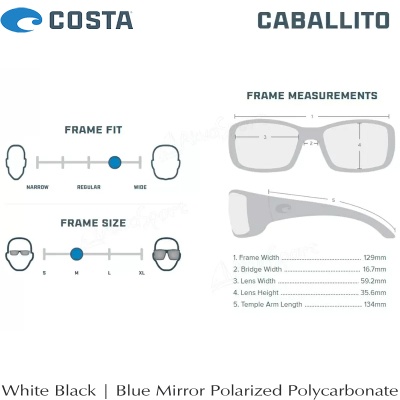 Размери Слънчеви очила Costa Caballito | White Black | Blue Mirror 580P | CL 30 OBMP