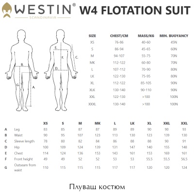 Westin W4 Flotation Suit | Size chart